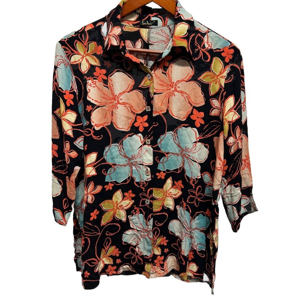 Loco Lindo Floral Button Top Medium Rayon California Orange Black Long Sleeve